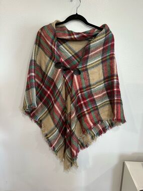 Plaid Fringe Poncho Cape in Tan and Red